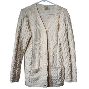 Kilronan Knitwear Ireland Cream Wool Cable Knit Fisherman Cardigan Sweater M/L